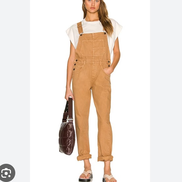 Free People We the Free Denim Ziggy Overalls Khaki - Picture 3 of 9